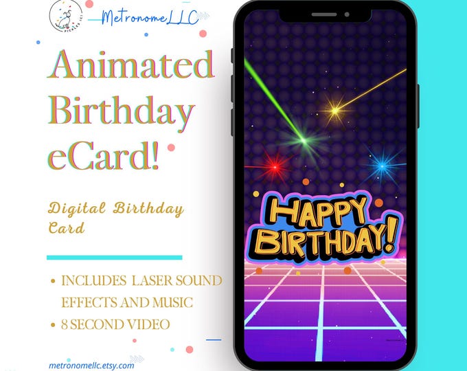 Featured listing image: Musical Animated Birthday Card, Digital Last Minute Gift & Laser Sounds: Boys, Him, Son, Dad, Brother DIY Textable / Social Media Message