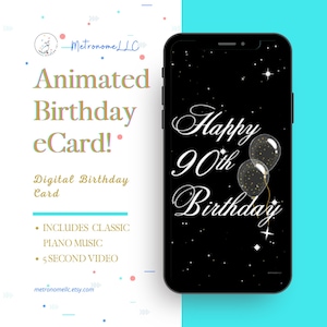 90th Birthday Card, eCard Birthday Card, Balloon Musical Animated Birthday Card & Classic Piano Music, Last Minute Instant Download Gift