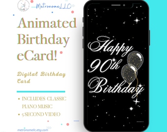 90th Birthday Card, eCard Birthday Card, Balloon Musical Animated Birthday Card & Classic Piano Music, Last Minute Instant Download Gift