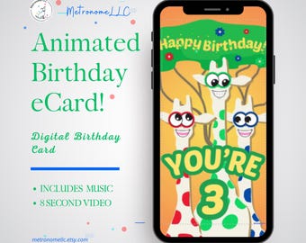 3rd Birthday Card, Wacky Giraffe Animated Birthday eCard, Kids Digital Birthday Card & Birthday Song, DIY Social Media or Message App Gift