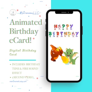 Kid Happy Birthday Card, Musical Dragon Birthday Card & Fire Sound, Instant Download Digital eCard, Animated Birthday Last Minute Gift. Text