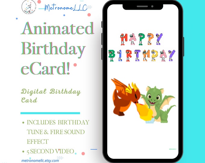 Featured listing image: Kid Happy Birthday Card, Musical Dragon Birthday Card & Fire Sound, Instant Download Digital eCard, Animated Birthday Last Minute Gift. Text