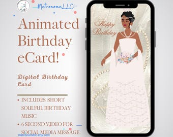 Musical Animated Birthday Card, Happy Birthday eCard, Last Minute DIY Instant Download African American Socialite Social Media Message Gift
