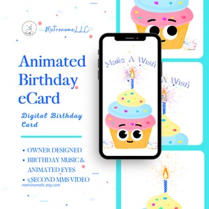 Musical Animated Birthday Card, Cupcake Wish e-Card, Instant Download Digital Birthday eCard, Happy Birthday Song, Last Minute Gift, Texting