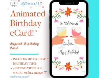 Musical Animated Birthday Card, Good Wine eCard Happy Birthday, Last Minute DIY Instant Download Gift, Best Friend Social Media Message Chat