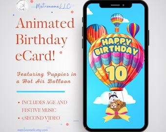 10th Birthday Card, Animated Birthday Card, Kid Musical Digital eCard, Instant Download, Puppy Hot Air Balloon, DIY Social Media / Text App