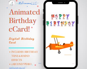 Kid Birthday Card With Airplane, Musical Animated eCard & Sound Effects! Instant Download, Digital Happy Birthday Last Minute Gift, DIY Text