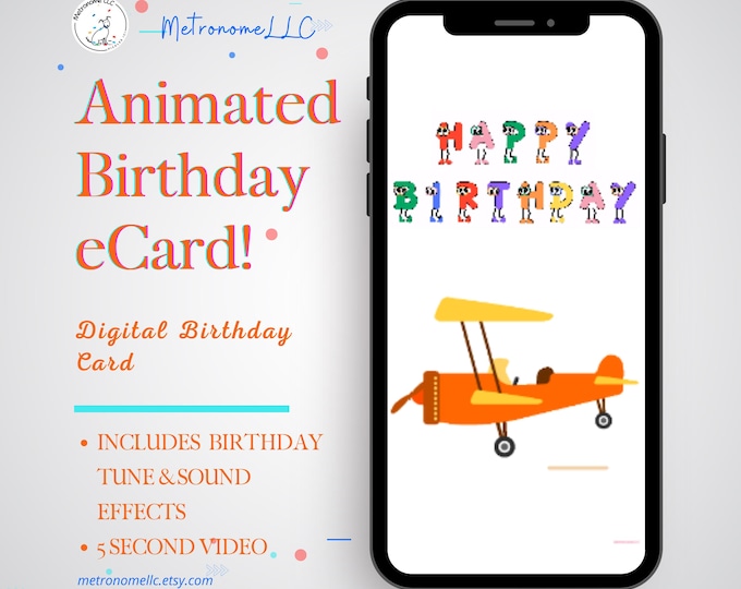 Featured listing image: Kid Birthday Card With Airplane, Musical Animated eCard & Sound Effects! Instant Download, Digital Happy Birthday Last Minute Gift, DIY Text