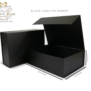 May include: A black, large gift box with a magnetic closure, one open to show the inside. The box dimensions are 30.5cm long, 22cm wide, and 10cm high. The text "BLACK LARGE NO RIBBON" is visible.