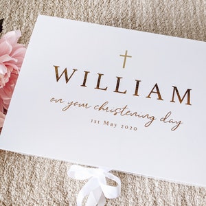 Christening Baptism Keepsake Gift Box Foil Personalised Luxury Magnetic Closure White Ribbon