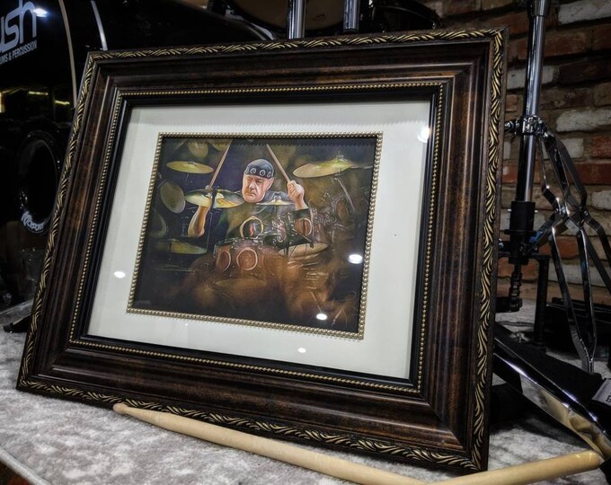 Neil Peart tribute  Framed art  Painting Print Rare Framed Matted  band drum drummer