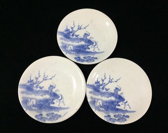 P1273 Vintage Japanese Plate Set of 3 Blue White Porcelain Dishes Ceramic
