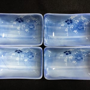 K0878 Vintage Arita Ware Small Rectangular Plates Set of 4 Blue Sakura Signed