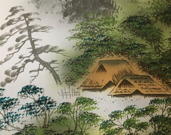 O1958 ヴィンテージ 日本掛け軸 山水画 絹製 - Etsy 日本