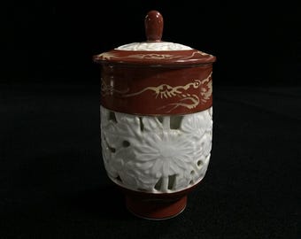 K0051 Japanese Vintage Pierced Porcelain Yunomi Tea Cup With Lid Dragon Signed