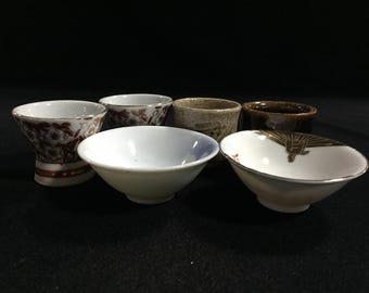 K1112 ヴィンテージ 日本酒カップセット 6個セット 赤金花鶴陶器 お猪口 アート