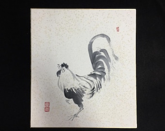 M0552 Vintage Japanese Monochrome Ink Painting Rooster Chicken Shikishi