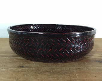 S0781 Ciotola vintage giapponese in bambù intrecciato laccato rosso e nero da portata