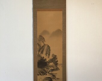 T1688 Japanese Vintage Hanging Scroll KAKEJIKU Hand Paint Silk Landscape