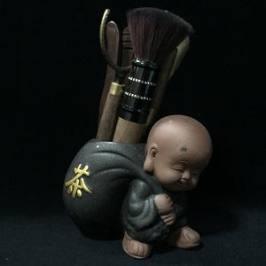 N0964 Vintage Chinese Tea Ceremony Tools Set Six Gentlemen Little Monk Holder