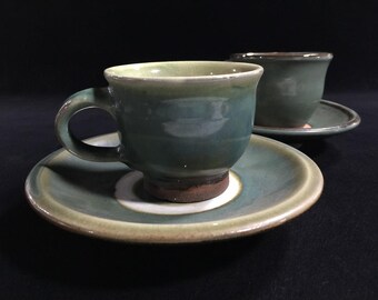 P0460 Vintage Japanese Ceramic Coffee Cup and Saucer Set of 2 Green Glazed