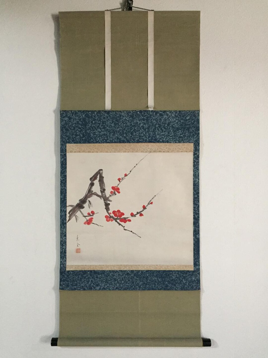 L0873 ヴィンテージ 日本製 手描き掛け軸 赤梅花柄 紙 - Etsy 日本