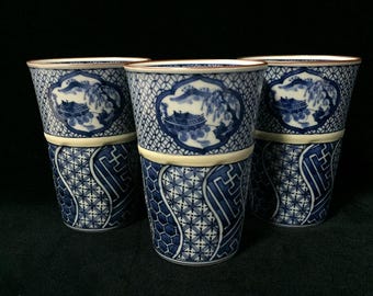 L1676 Vintage Japanese Arita Imari Blue and White Porcelain Tea Cup Set 3pc