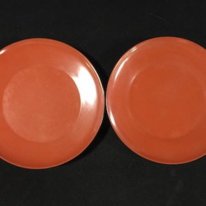 May include: Two round, solid terracotta-colored plates with a smooth, matte finish. Each plate features a simple, circular design with a slightly raised rim, presenting a uniform, flat surface across the center of the dinnerware.