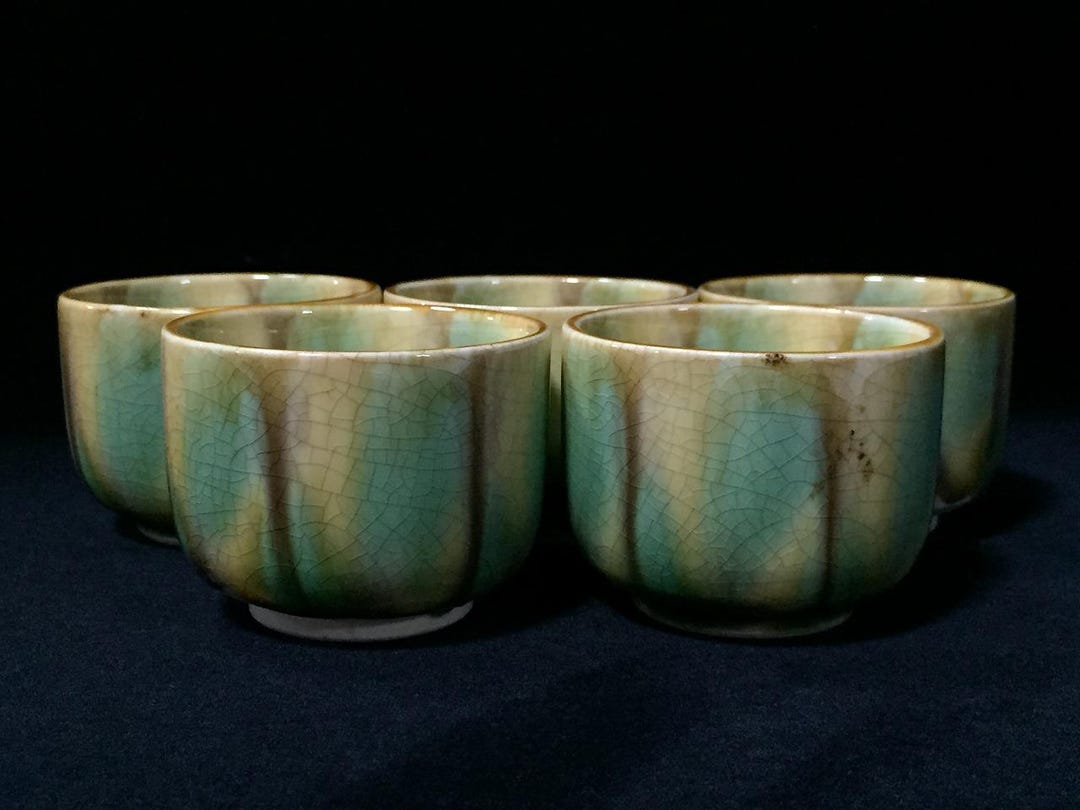 O0288 ヴィンテージ日本製陶器湯呑みカップ5客セット 緑釉 貫入釉 