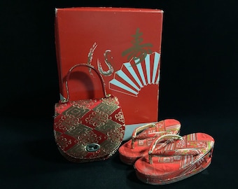 O1049 Vintage Kids Kimono Bag Sandals Set Girls Japanese Shichigosan Red Gold