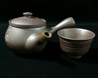 S1404 Vintage Japans aardewerk Kyusu theepot Yunomi theekopjesset Keramiek Gesigneerd