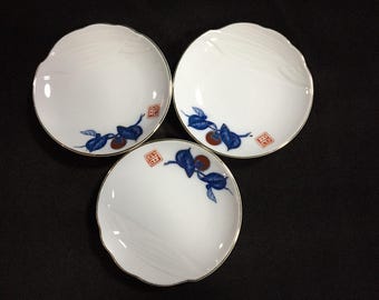J1555 Japanese Vintage Arita Ware Persimmon Porcelain Plates 3pc Blue Leaves