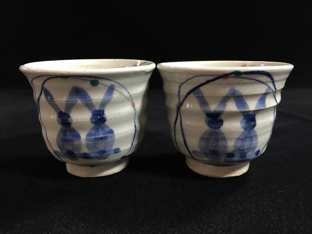 Yunomi Rabbit I1247 Japanese Vintage Rabbit Tea Cup Pair Set of 2 Bunny Pottery ...