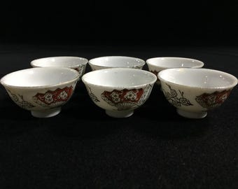 J0755 Japanese Vintage Sake Cup Set of 6 Fan Design Red Gold Porcelain Pottery
