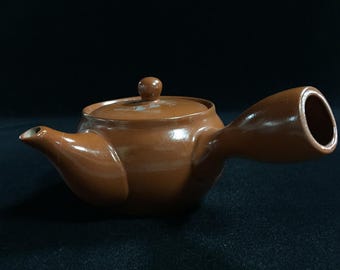S0933 Vintage Japanese Side Handle Teapot Ceramic Brown Clay Green Tea Pot