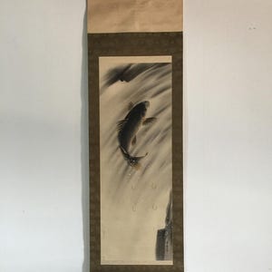 M1096 Japanese Vintage Hanging Scroll KAKEJIKU Hand Paint Silk Carp Signed