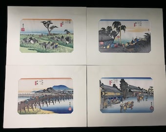 O1442 Vintage Japanese Woodblock Print Ukiyo-e Tokaido 53 Stations Art Set of 4