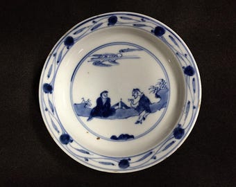 U1433 / Vintage Japanese Blue and White Porcelain Small Plate People Sage Dish