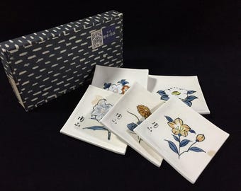 J0890 Japanese Vintage Plates Set 5 Seasonal Flowers Ceramic Art Pottery Square