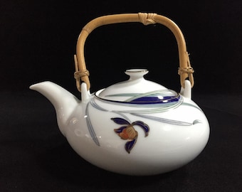 J1310 日本のヴィンテージ有田焼急須（きゅうす）取っ手 花柄 サイン入り