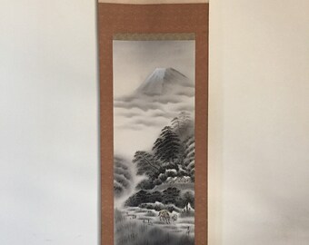 S0896 Rouleau suspendu vintage japonais KAKEJIKU, peinture à la main, paysage en soie