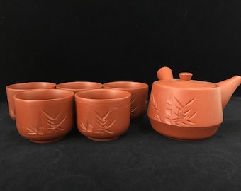 S0696 Vintage Japanse Kyusu theepot van klei, gesneden bamboe, keramische theeset van 6