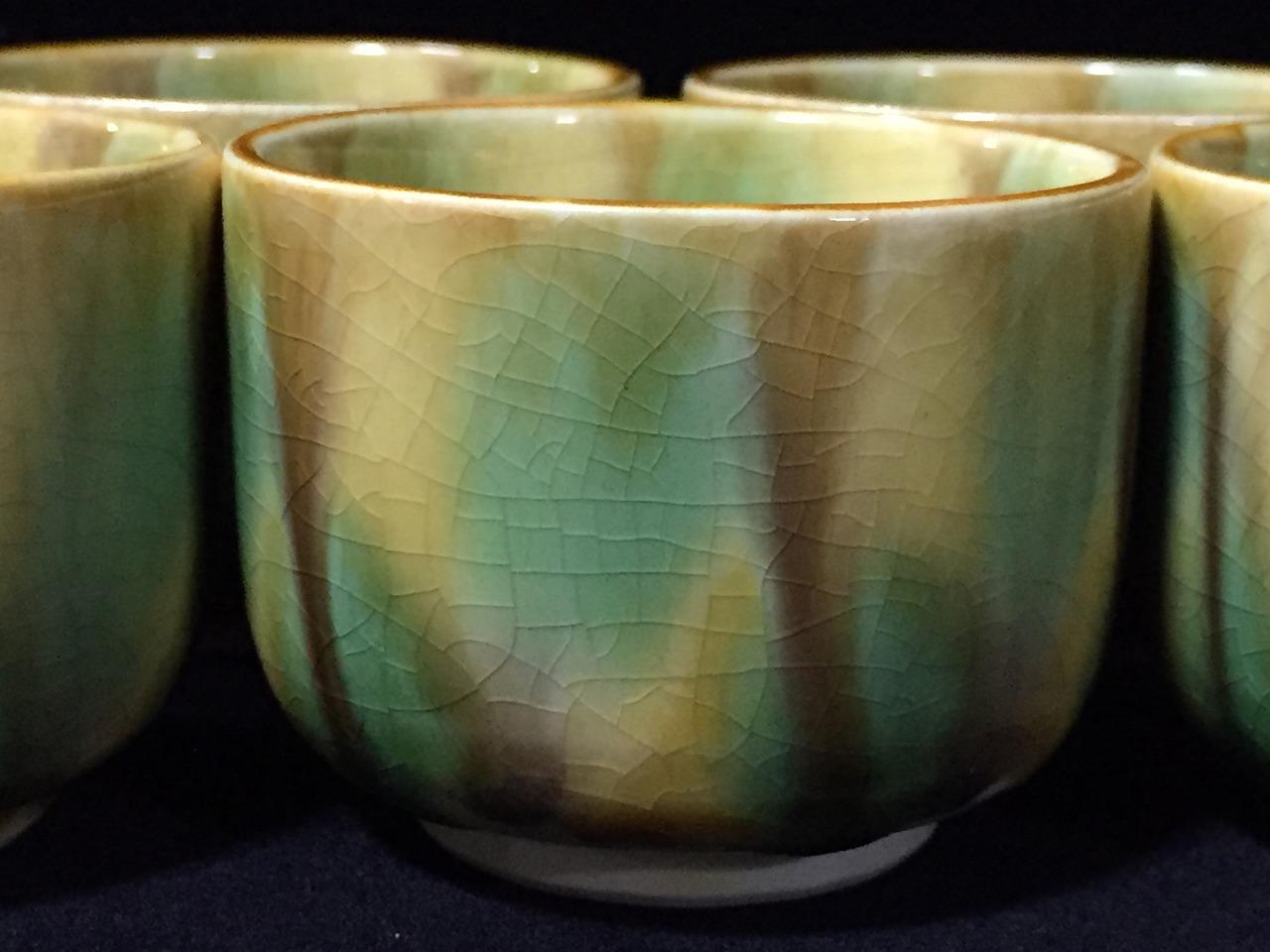 O0288 ヴィンテージ日本製陶器湯呑みカップ5客セット 緑釉 貫入釉 