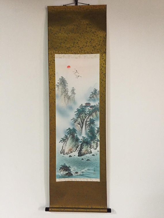 日本画 掛け軸 風景画 R1584 日本のヴィンテージ掛け軸 掛軸 手描き 紙 風景画 - Etsy 日本