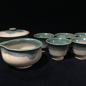 U1915 Vintage Japanisches Keramik-Teeservice, glasiert, grün, 7-teilig, Yusamashi