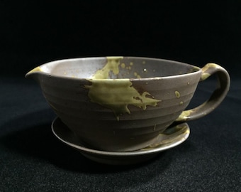 O1356 Vintage Japanese Pottery Tea Cup Saucer Set Handled Katakuchi Bowl Set