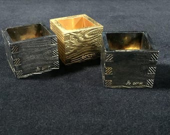 K1617 Vintage Vergoldeter Sake Cup Masu Box 3er Set Japanische Metallkunst 24KGP