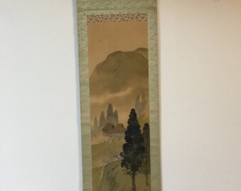 T1729 Japanese Vintage Hanging Scroll KAKEJIKU Hand Paint Silk Landscape