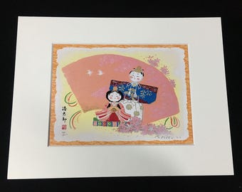 L0471 Stampa artistica vintage giapponese con glitter di cristallo, serigrafia colorata a mano