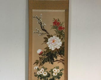 M0026 Vintage Japanische Hängerolle Handgemalte Seidenmalerei Pfingstrose Floral